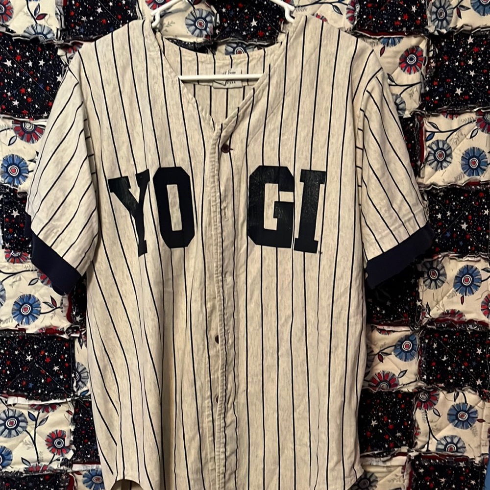 White and navy blue baseball jersey